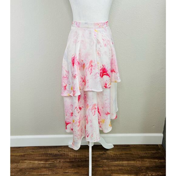 BCBGMaxAzria Asymmetric Tiered Satin Multi Pink White Marbled Midi Skirt Medium - Picture 3 of 13